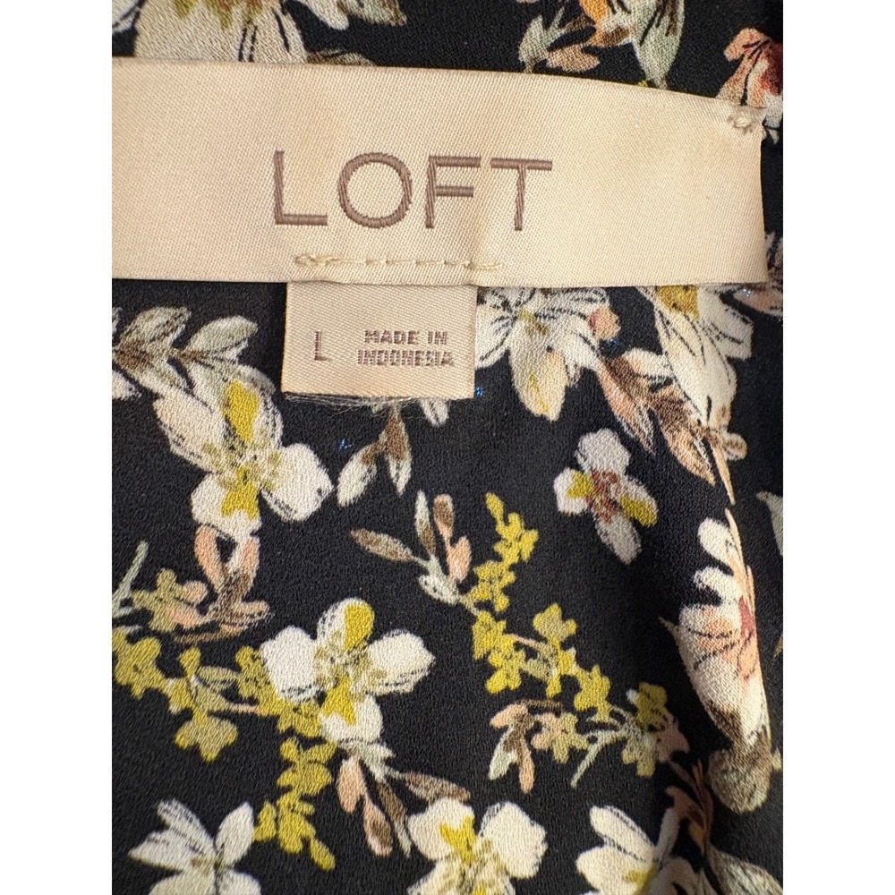 LOFT Floral Smocked Mock Neck Blouse Black Multi Long Sleeve Top Large - Picture 5 of 6